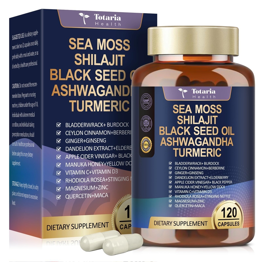25-σε-1 Sea Moss Black Seed Oil Ashwagandha Ginger Shilajit συμπλήρωμα, Sea Moss κάψουλες υπέρ με Bladder Burdock Ceylon Cinnamon Berberine ACV Manuka VIT C & D3 για άνδρες γυναίκες, 120 Vegan Caps