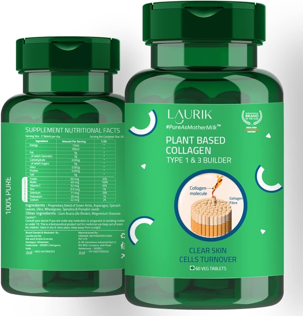 laurik Plant Based Collagen Type 1 & 3 Builder for Men and Women, Collagen Tabletleri Skin Radiance ve Elasticity - 60 Tablet Yeşiller