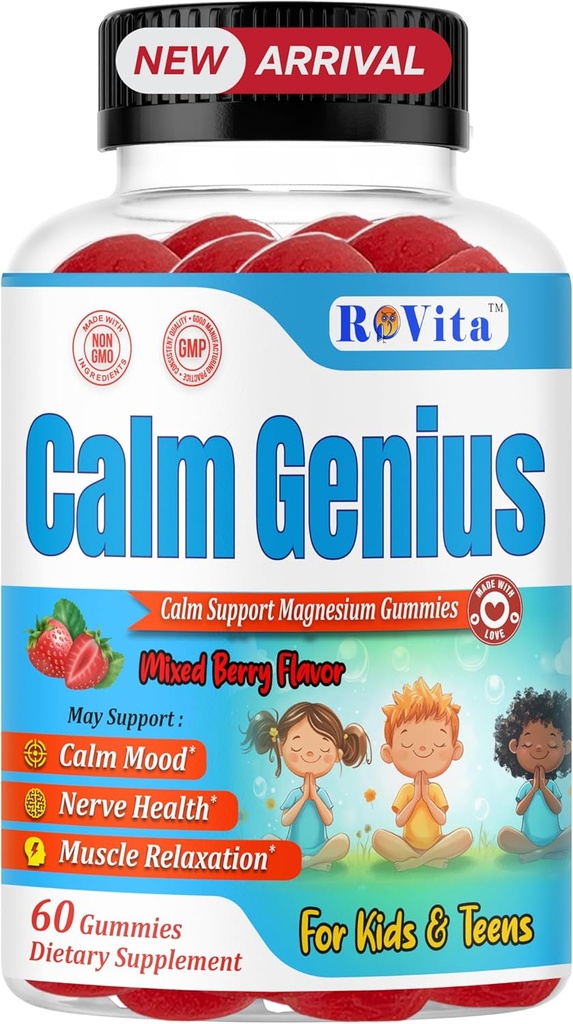 Calm Genius Kids Magnezyum Gummies – Calm & Relaxation Supplement for Kids – Supports Sleep, Bone Health & Muscles – Magnezyum Citrate Gummies – Kont 60, 2 Ay Supply