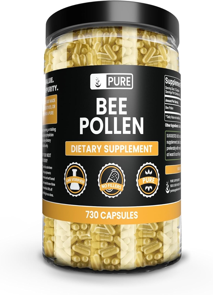 PURE ORIGINAL INGREDIENTS Bee Pollen, No Magnezyum Or Rice Fillers, Always Pure, Lab TY (730 Capsules)