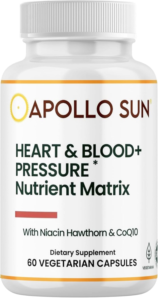 APOLLO SUN Heart and Blood+Pressure Supplement Nutrient Matrix with Hawthorn Extract, Niacin ve COQ10, 60 Vegetarian Capsules