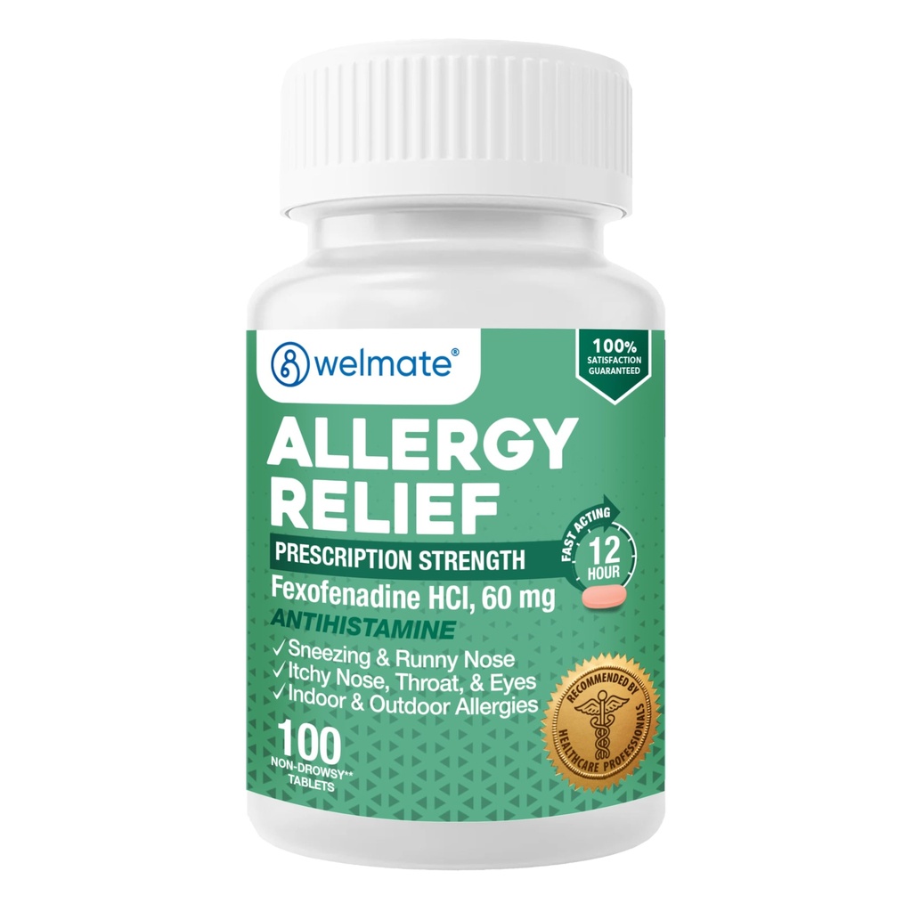 WELMATE - Antivirüs Yardımı - Fexofenadine HCl 60 mg - 12 Saat Non-Drowsy Antihistamin - Sneezing - Runny Nose - Itchy Eyes, Nose & Throat - Kapalı & Açık Alerjiler
