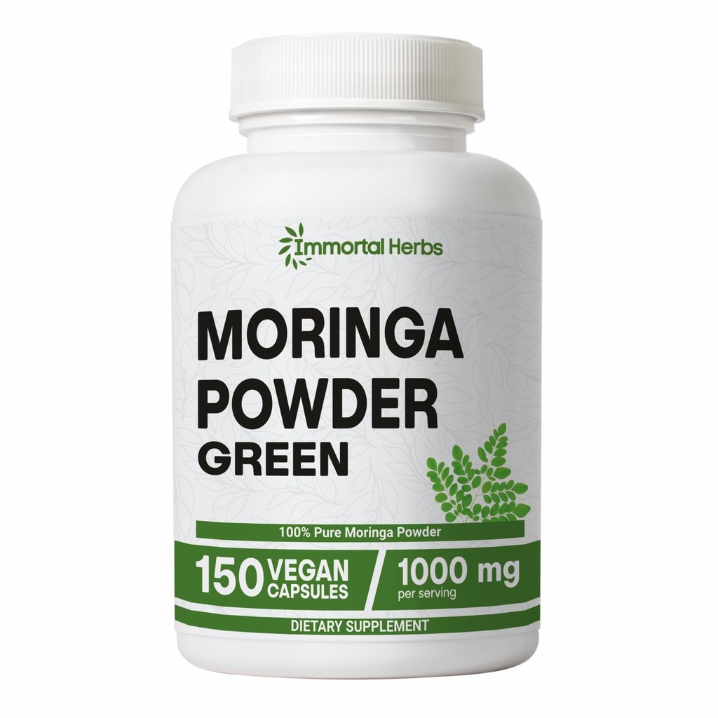 Moringa Capsules, 1000 mg Strength, 20:1 Pure Moringa Leaf Toz, Digestive & Immune Support Green Superfood, Non-GMO & Gluten Free