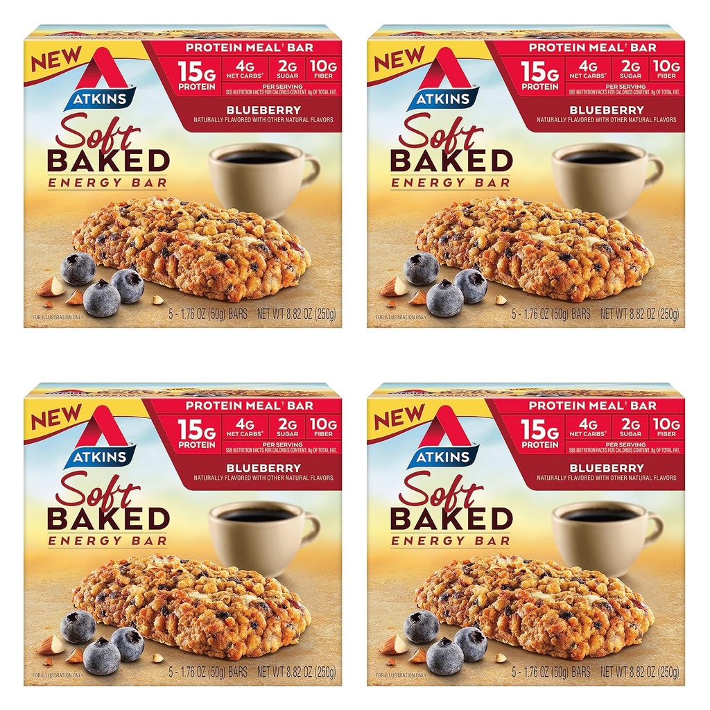 Atkins Blueberry Flavored Soft Baked Energy Bars, Protein Snack Bar, Low Sugar, High Fiber Snack, Protein Snack, 4 Packs (4 Bars Her)