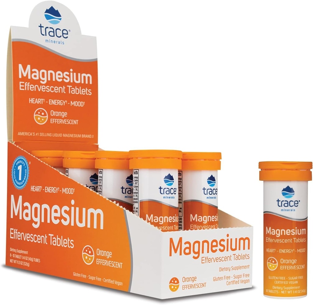 Trace Minerals Magnesium Effervescent - Bone & Circulatory Health Support Supplement - Magnesium Supplement to Aid Cardiovascular Health & Positive Outlook - Orange, 8 Containers (80 Servings)
