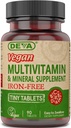 Deva Vegan Multivitamin and Mineral Supplement Iron-Free - με Βιταμίνες A, C, D, E, B Complex, Υψηλής ισχύος διαμόρφωση για την καθημερινή υγεία και ευεξία - 90 Tiny Tablets, 1- Pack