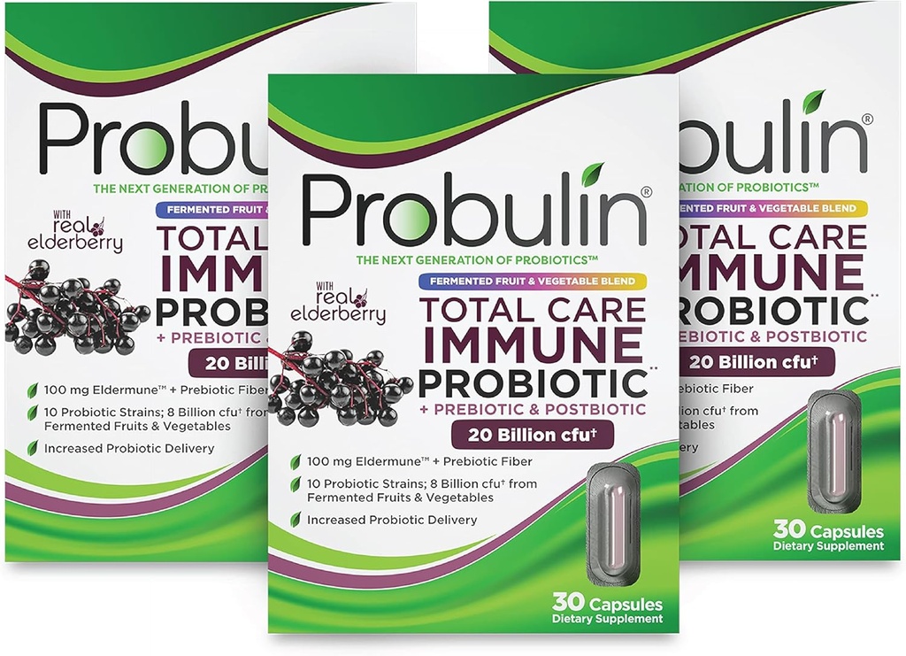Probulin Total Care Immune = Prebiyotiks + Probiyotiks + Postbiyotiks + Yaşlılar Immune & Gut Health - 20 Milyar CFU - 10 Strains - 30 Vegan Capsules (Pack of 3)