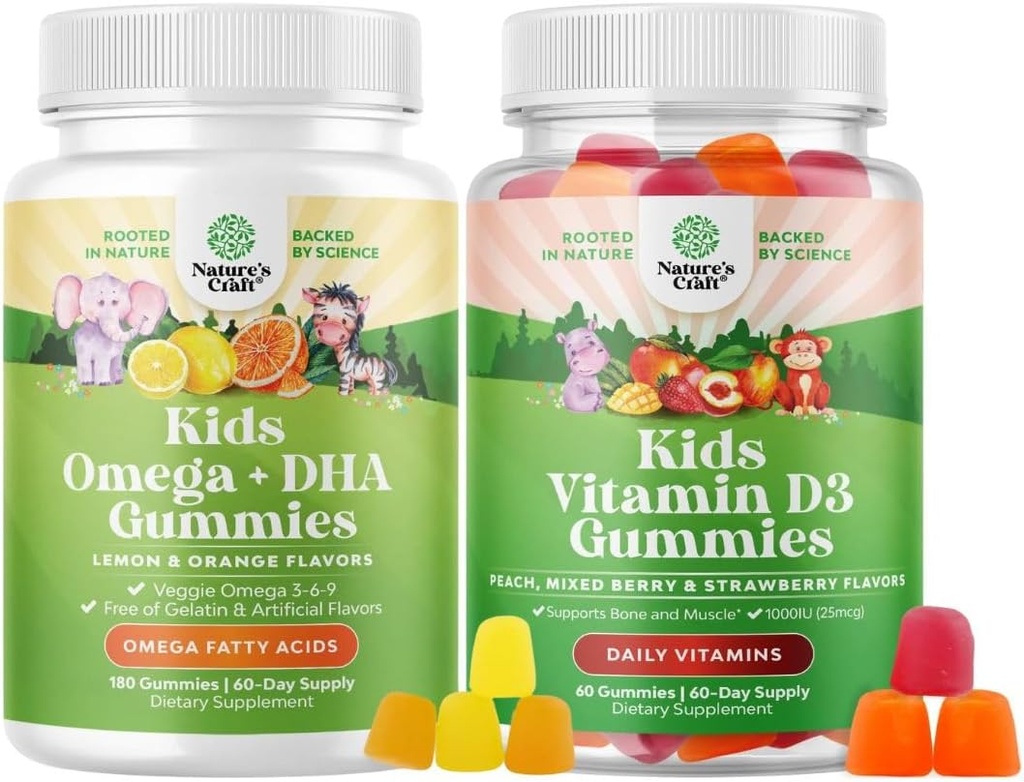 Çocuklar için Omega DHA Gummies - Fatty Acids Omega 3 6 9 - Beyin için C vitamini, Immunity & Vision ve Vitamin D Gummies for Kids - 1000 IU Per Care - Immune Support Muscle Teeth & Bone Health