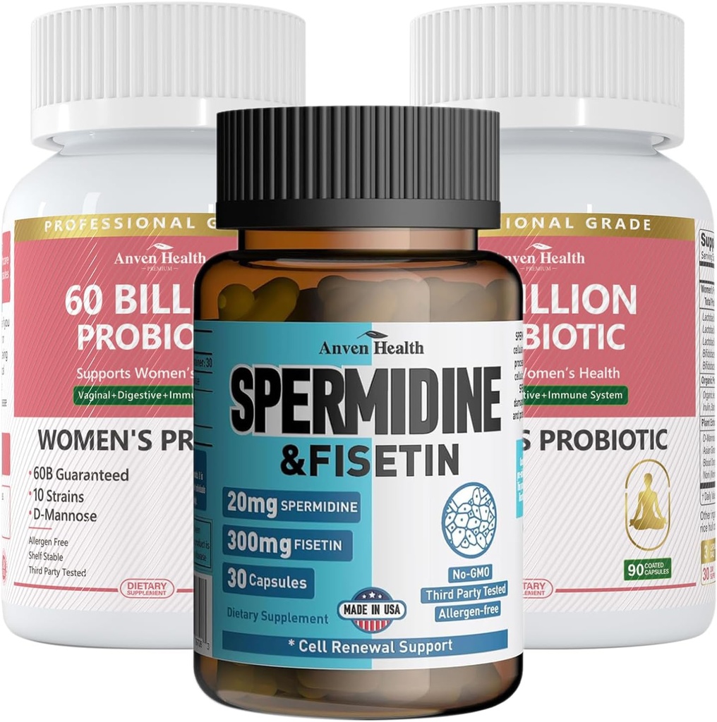 Wellness Sche: Kadın Probiyotiklerinin 2 Şişesi + 1 Spermidine & Fisetin – Digestive Health, Cellular Renewal & Anti-Aging Support for Women