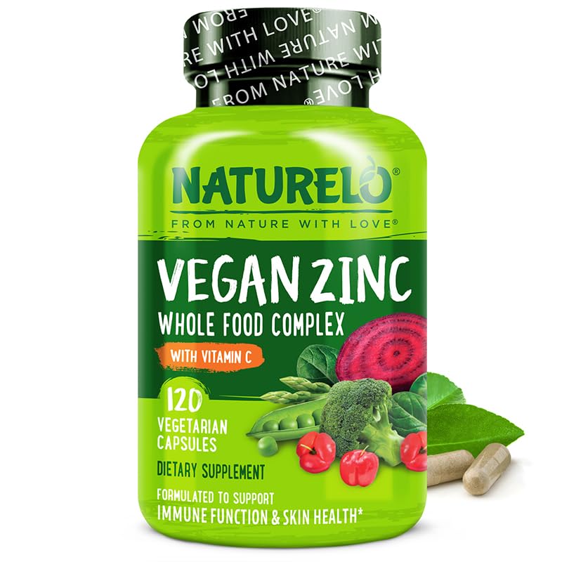 NATURELO Vegan Zinc Immune Support Capses - Ολόκληρο το σύμπλεγμα τροφίμων με βιταμίνη C για υγιές δέρμα, μαλλιά και νύχια - 120 κάψουλες