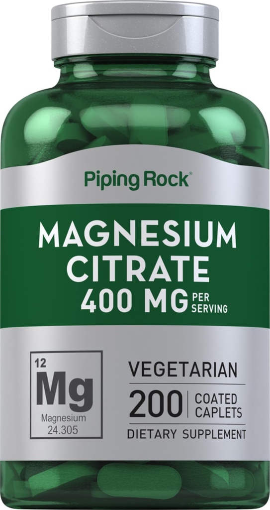 Piping Rock Magnezyum Citrate | 400 mg | 200 Caplets | Vegetarian, Non-GMO, Gluten Free Supplement