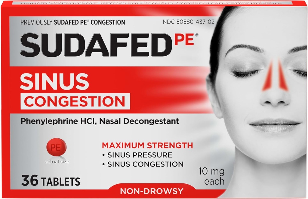 Sudafed PE Sinus Congestion Relief Tabletleri, Maksimum Güç, Non-Drowsy 10 mg Phenylephrine HCI Sinus Baskı ve Nasal Congestion Relief, For Cold or Allergies, 36 ctt