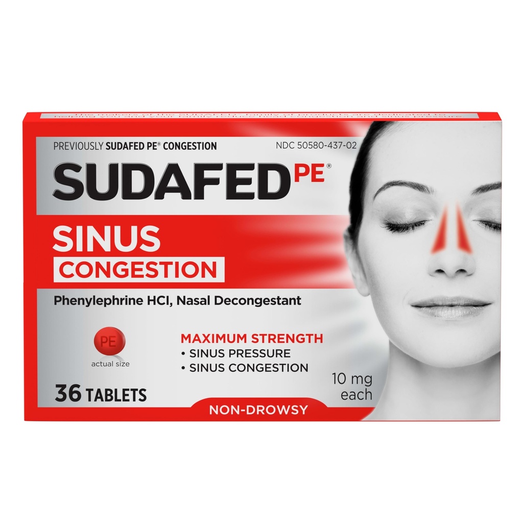 Sudafed PE Sinus Congestion Relief Tabletleri, Maksimum Güç, Non-Drowsy 10 mg Phenylephrine HCI Sinus Baskı ve Nasal Congestion Relief, For Cold or Allergies, 36 ctt