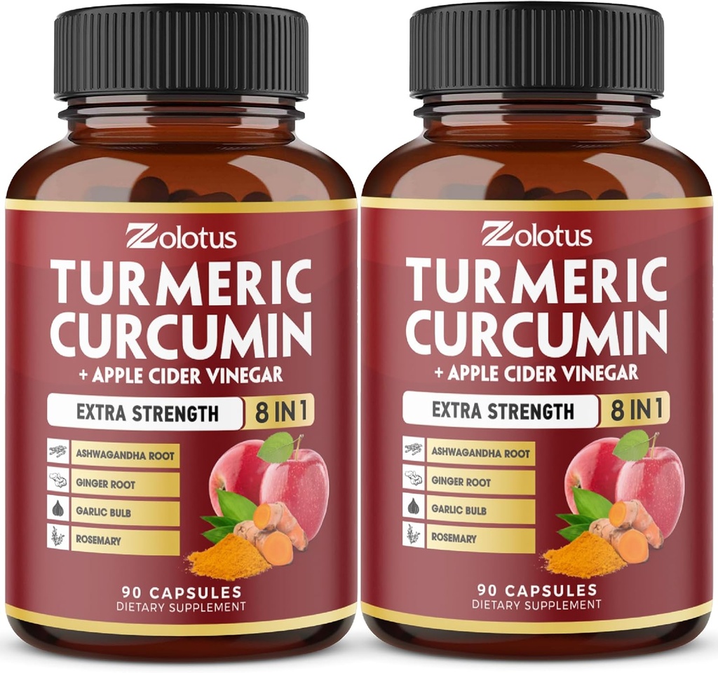 2packs 90 Capsules Turmeric Curcumin + Apple Cinder Vinegar Capsules, 6 Month Supply with Ashwagandha, Ginger, 95% Standardized Curcuminoids, Joint & Absorption Support