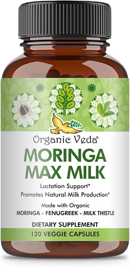 Organik Veda Moringa Max Milk Lactation Supplement (120 Capsules) - 1800 mg Super Strength Organik Vegan Kompleksi Fenugreek, Süt Butle, Moringa Leaf & Tohumlar
