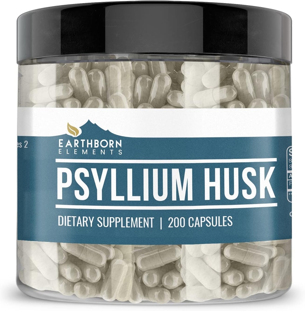 Earthborn Elements Psyllium Husk 200 Capsules, Pure & Undiled, No Wordss