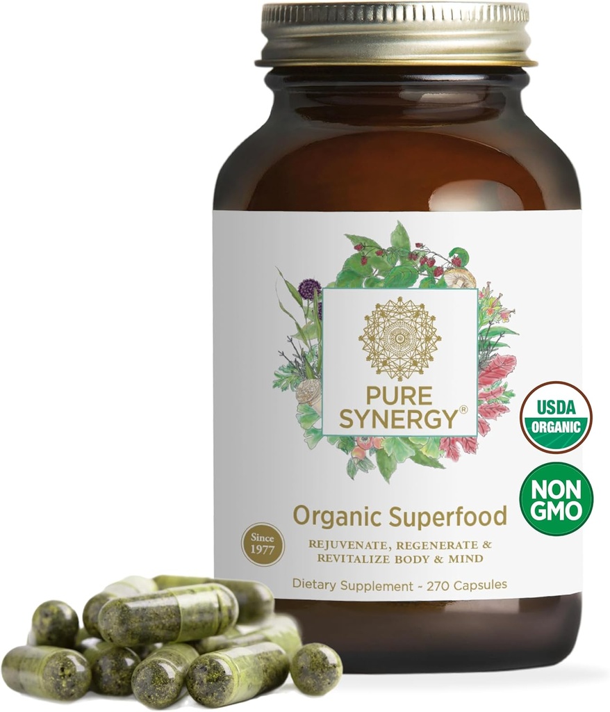 PURE SYNERGY Superfood Capsules | Organic Superfood & Greens Supplement | Whole Foods Like Super Greens, Spirulina, & Mushrooms | for Energy, Healthy Aging & Immune Health (270 Capsules)