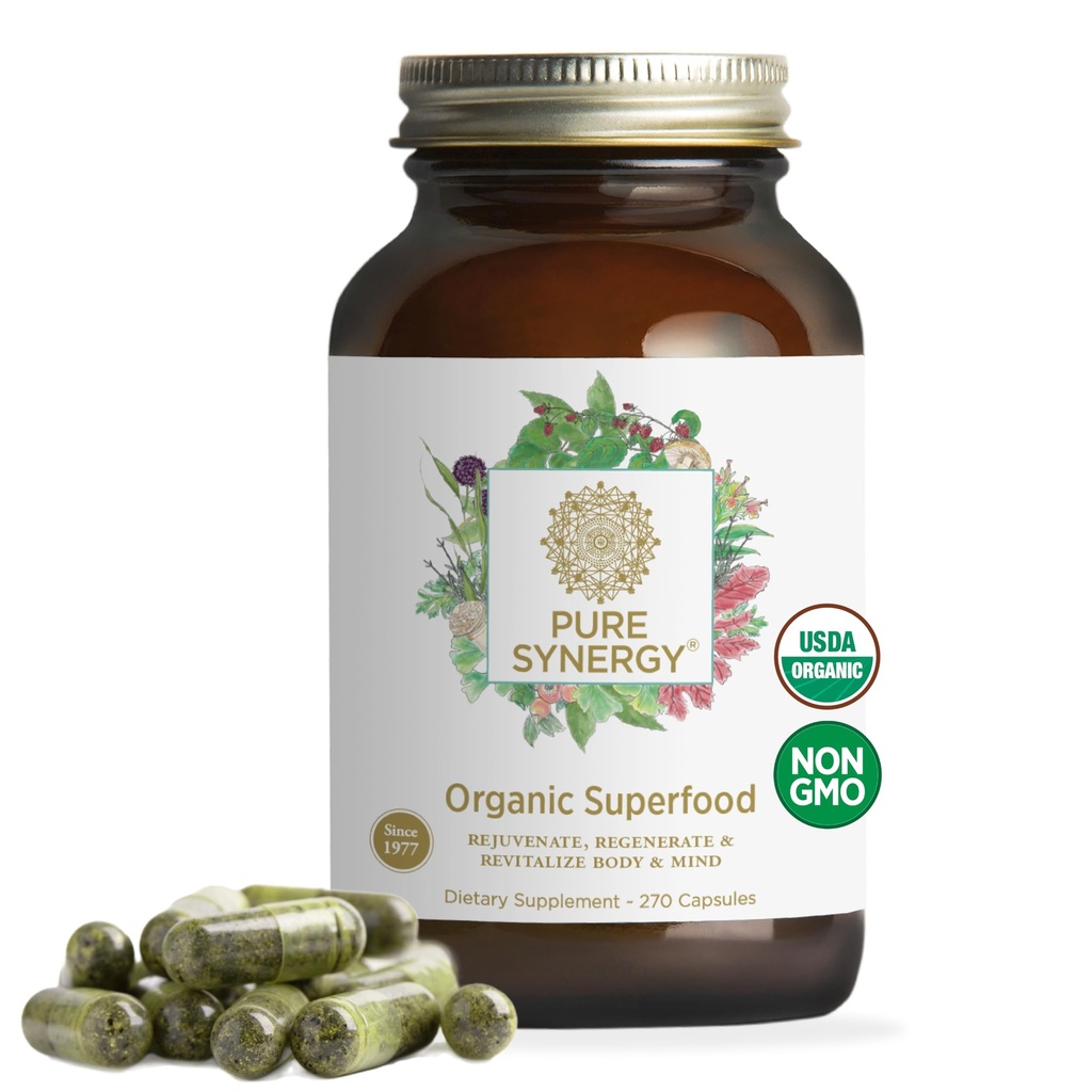 PURE SYNERGY Superfood Capsules | Organik Superfood & Greens Supplement | Super Greens, Spirulina, & Mushrooms | Enerji için, Sağlıklı Aging & Immune Health (270 Capsules)