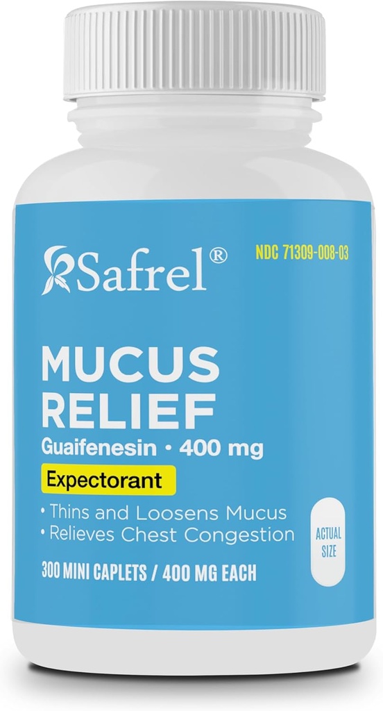 Safrel Pharma Mucus Relief Guaifenesin 400 mg - Hızlı Bekleyen, İnce ve Loosens Mucus, Relieves Chest Congestion, Cough, Cold and Flu | (300 Kont)