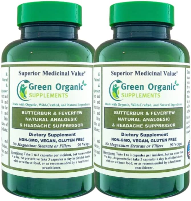 Green Organic Supplements Butterbur, Ateşfew, Analgesic, Painkiller, & Headache Suppressor, 90 VCaps, High Absorbable, Non-GMO, Gluten-Free (Pack of 2)