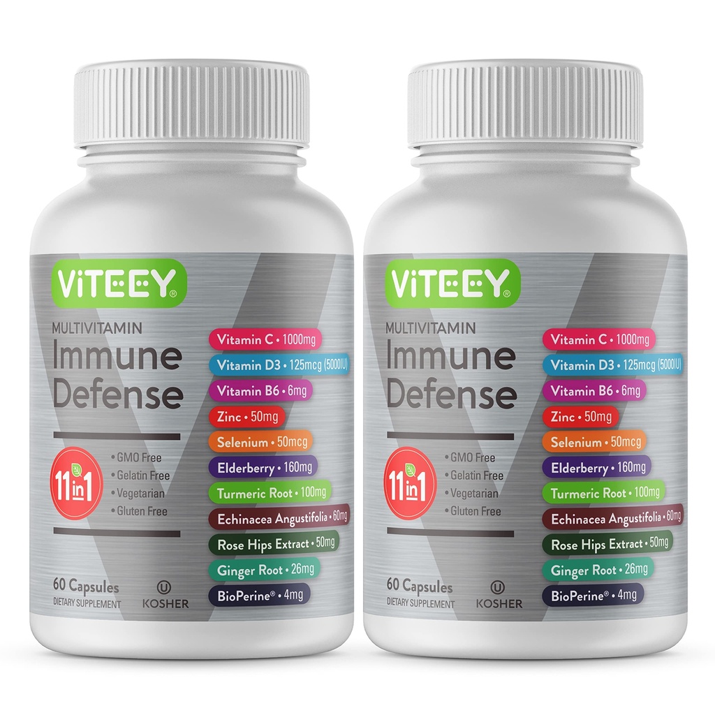 VITEEY 11 1 Immune Support Supplement - Immune Defense with Vitamin D3, B6, Echinacea, Turmeric, Rose-HIPS, Selenium, BioPerine, Ginger, Countberry C ve çinko - 120