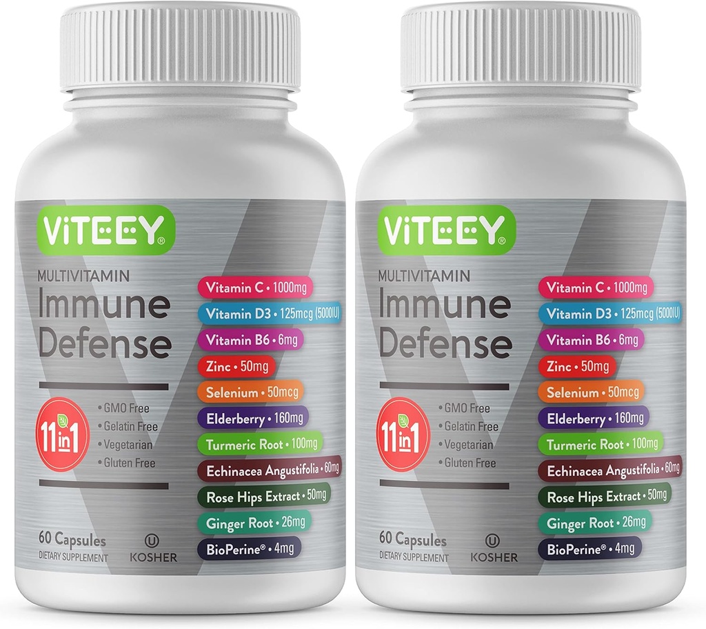 VITEEY 11 in 1 Immune Support Supplement - Immune Defense with Vitamin D3, B6, Echinacea, Turmeric, Rose-HIPS, Selenium, BioPerine, Ginger, Elderberry Vitamin C and Zinc - 120 Count