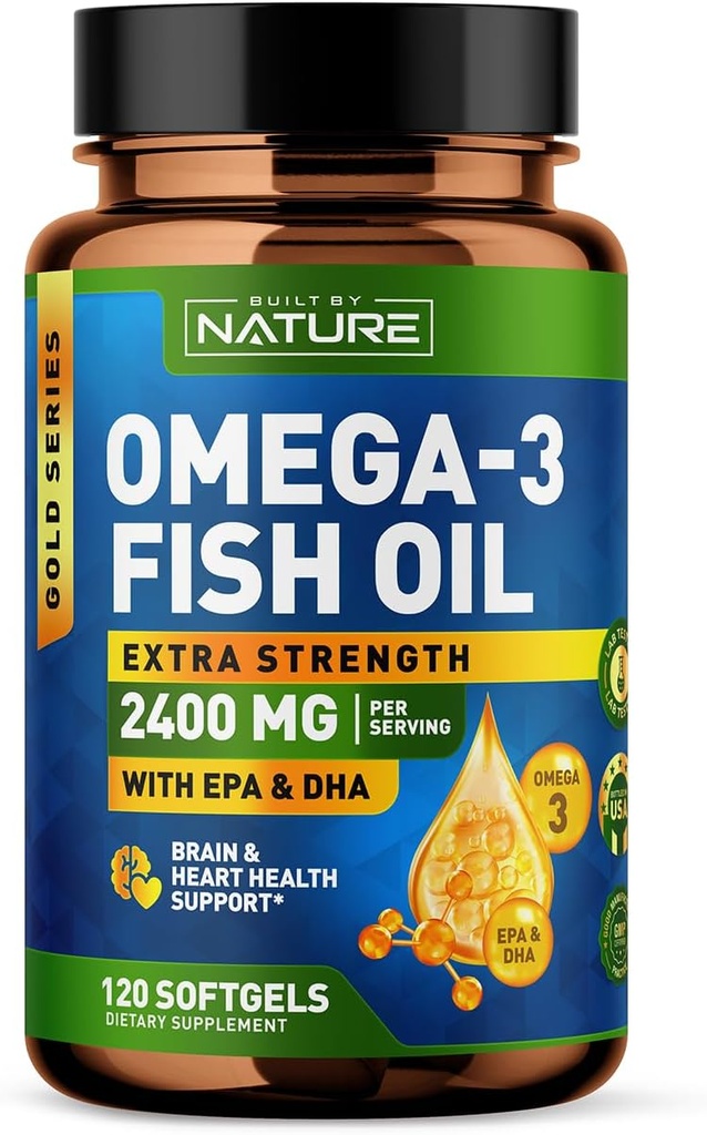 Built by Nature Omega 3 Fish Oil Soft Gels - 2400 mg Fish Oil, 1440 mg Omega 3, 864 mg EPA, 576 mg DHA - Extra Strength Brain & Heart Health Support Supplement - 120 Softgels