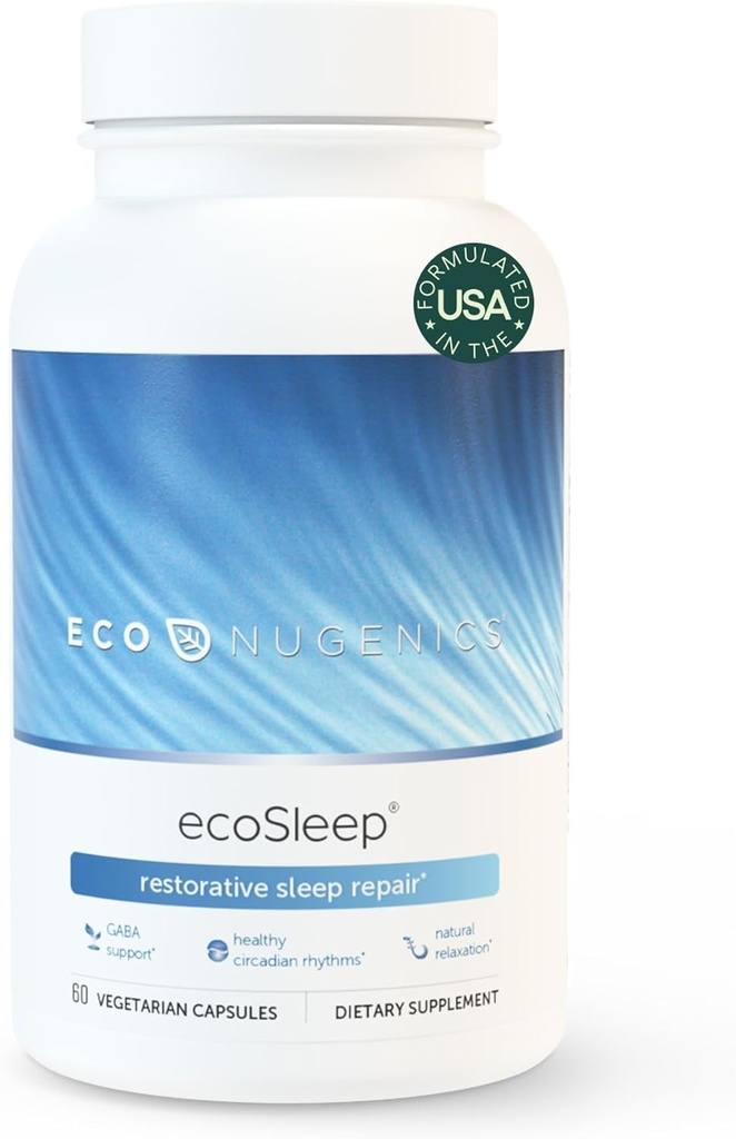 EkoNugenics ecoSleep: GABA Support Blend, Magnezyum, L-Theanine, Niacin – Derin Uykuyu Teşvik Et, Sağlıklı Circadian Rhythms, Relaxation, Calm – Yetişkinler için Tamam, 60 Capsules