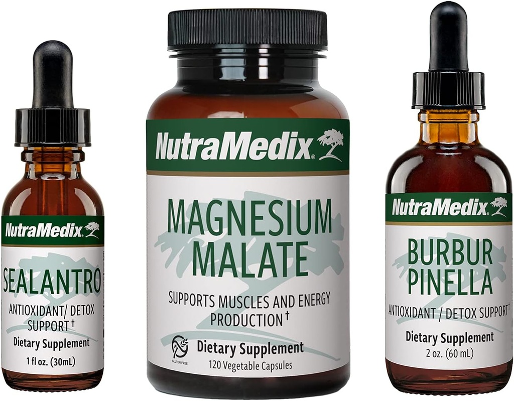 NutraMedix Detox Set - 3-Piece Kit with Sealantro, Burbur-Pinella & Magnesium Malate for Cleansing, Detox & Daily Wellness Support - Plant-Based Liquid Detox Drops & Daily Capsules