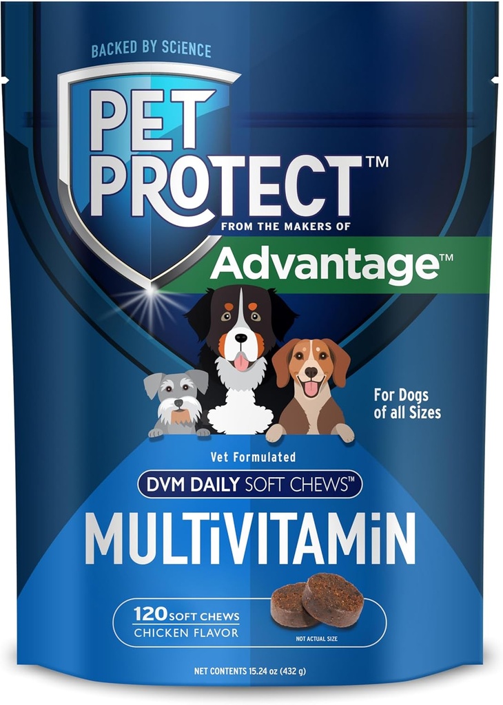 Pet Dog Multivitamin'u koruyor, Vet-Formated DVM Daily Soft Chews, Supports Ongoing Health & Wellness, Chicken-Flavor (120 Count)