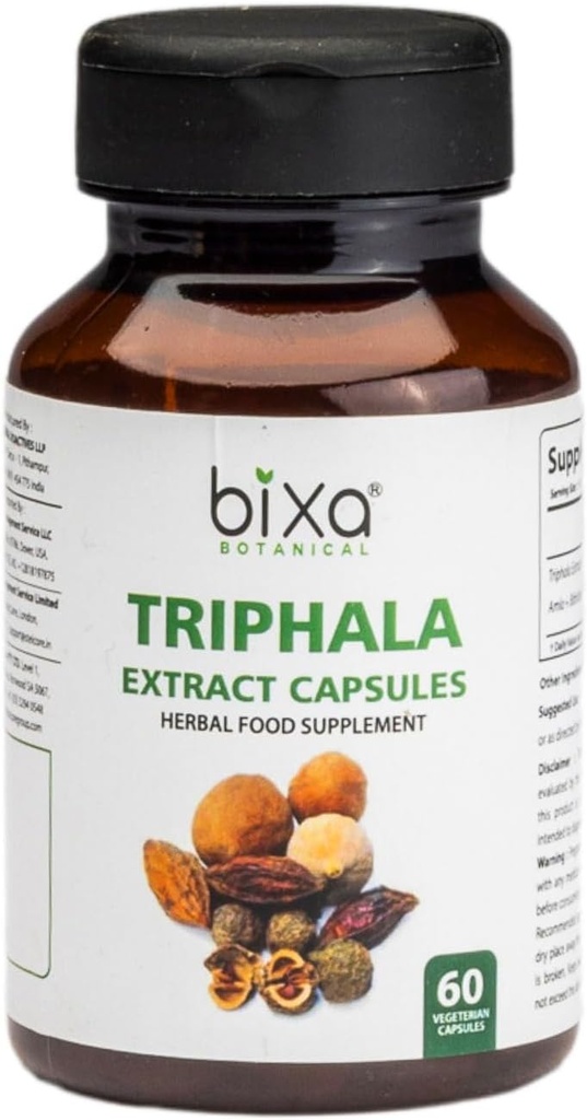 Bixa BOTANICAL Ayurvedic Natural Herbal Supplement Triphala Extract Capsule for Health Digestion & Abxia of Nutrients (Amla + Haritaki + Bibhitak) (60 Kont)
