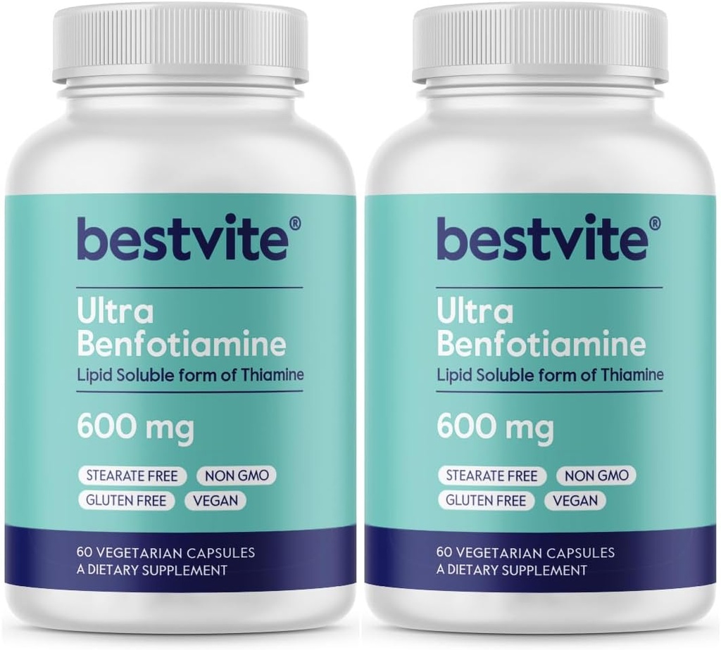 Ultra Benfotimin 600 mg per Capsule (120 Vegetarian Capsules) (60x2) No Stearates - No Silikon Dioksi - Vegan - GMO - Gluten Ücretsiz - En Güçlü Benfotiamin