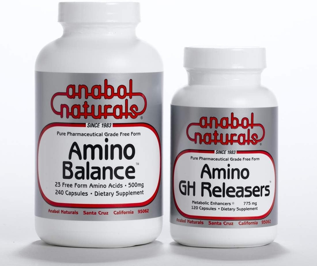 Physique Stack–Amino Balance 240 caps Complete Free Form Formula with BCAA’s and EAA’s for Muscle Recovery. Amino GHReleasers 120 caps Pre-Workout with L-Arginine and L-Glutamine for Lean Muscle Growth