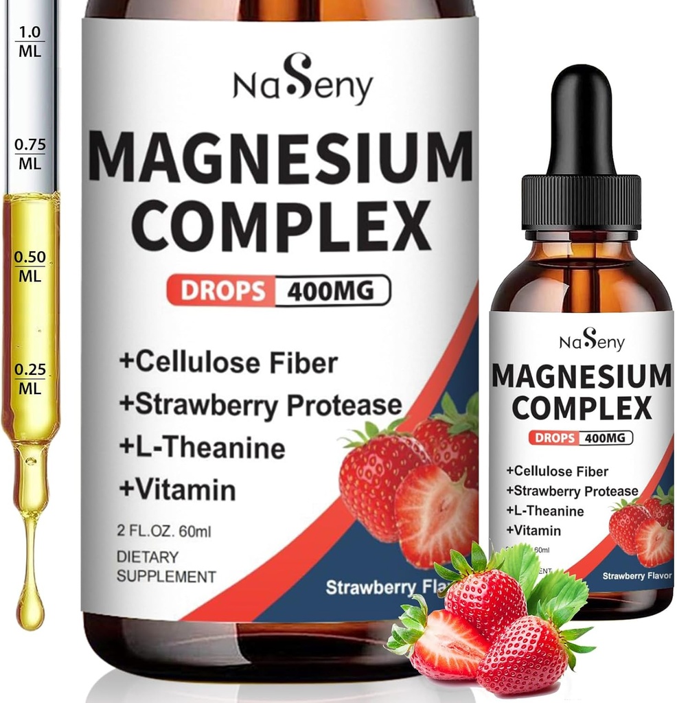 Magnezyum Glycinate Sıvı 400 mg, Yüksek Abvitamin Magnezyum Kompleksi B6, D, C Sleep, Muscle, Nerve Health, Non-GMO Gluten Free Vegan (2) Fl Oz/Strawberry)