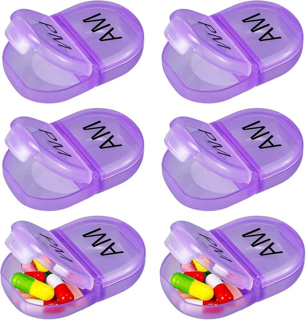 6 Pack Pill Organizer Pocket Μικρός κάτοχος θήκης Am Pm Pill Υπόθεση Φορητό Δύο Διαμέρισμα Round Travel 2 φορές την ημέρα για τη βιταμίνη συμπλήρωμα φαρμακευτικής αγωγής (Purple)