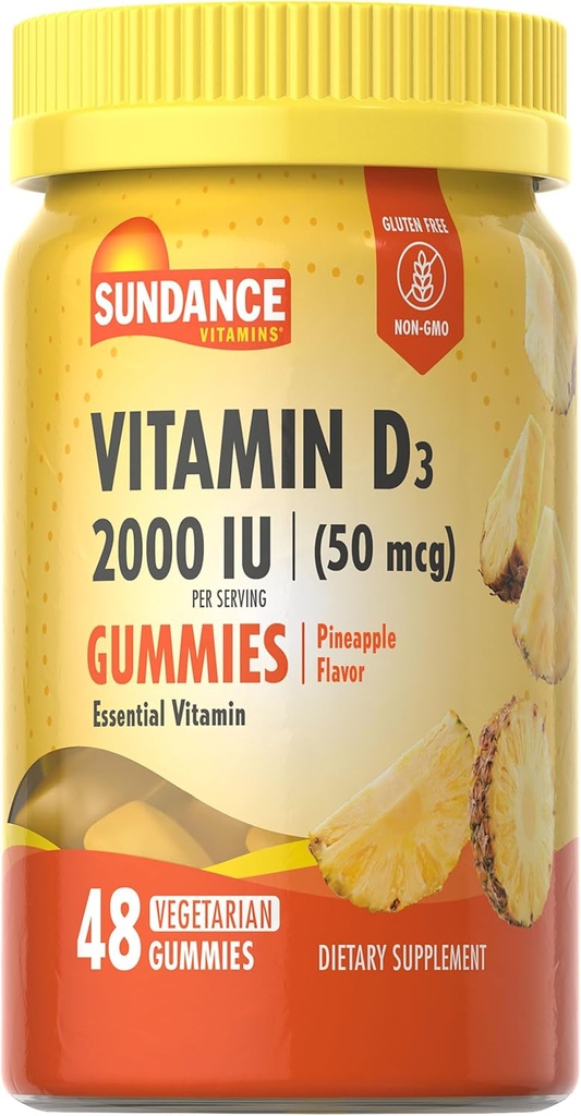 Sundance Vitamin D3 Gummies | 2000 IU | 48 Kont | Pineapple Flavor | Vegetarian, Non-GMO ve Gluten Free Supplement Supplement