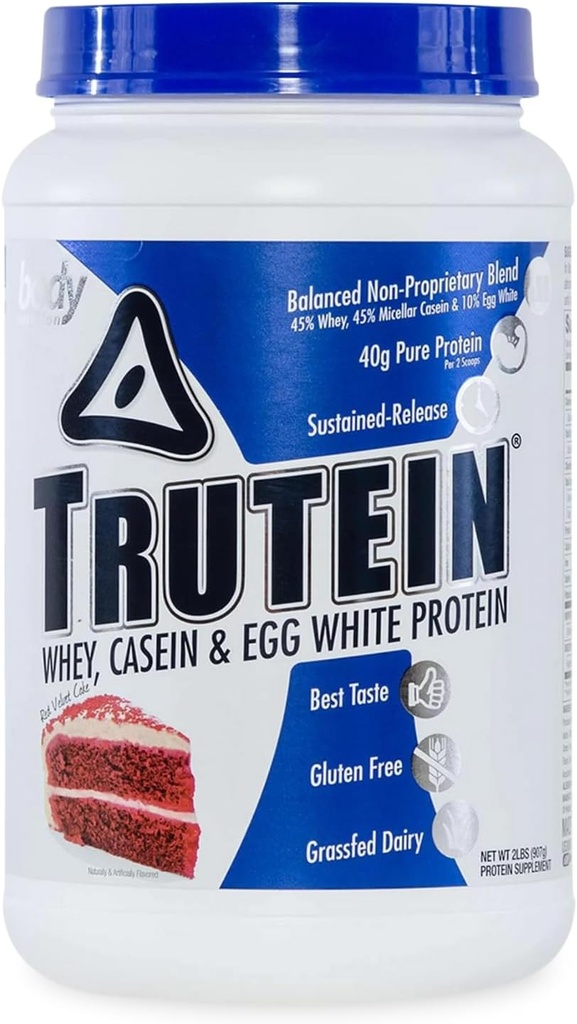 Vücut Beslenme Trutein Yüksek Protein Tozu:% 45 Whey,% 45 Casein,% 10 Egg White, Gluten-Free, Low sodyum, Grass Fed Whey Protein Toz, Gym Supplement & Breakfast Shake, Red Velvet Kek, 2lb