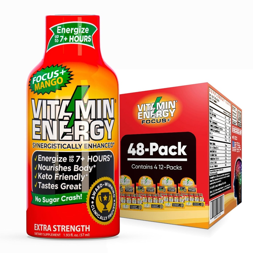 Vitamin Energy Focus+ Extra Strength Energy Shot Mango 48 Pack, 260mg Natural Caffeine, B-Vitamins, CoQ10, Amino Acids, Focus, Productivity & Clarity, Zero Sugar, Gluten-free, 1.93 fl oz