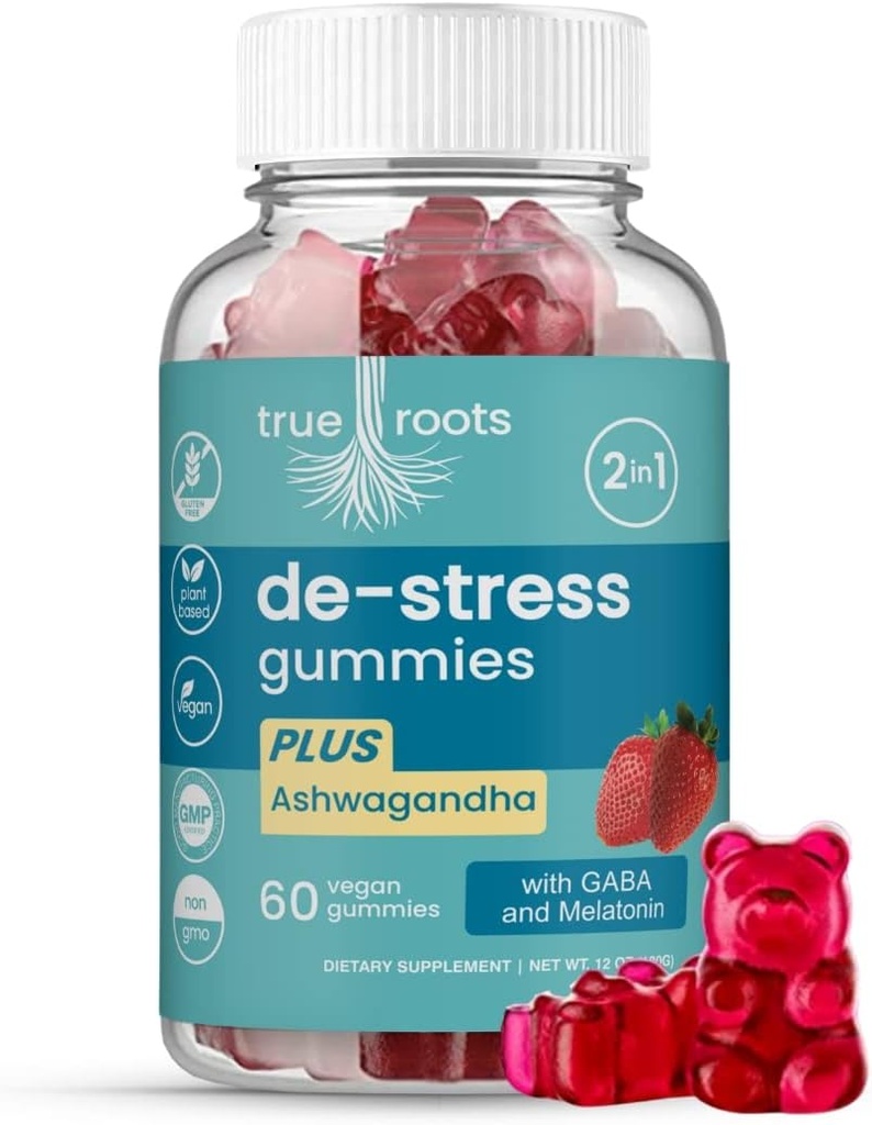 Stres Gummies Same Day Stress Relief | Destress and Calm | Ashwagandha, GABA, Melatonin, l-Theanine, Lemon Balm | Sugar Free Vegan 60 ct