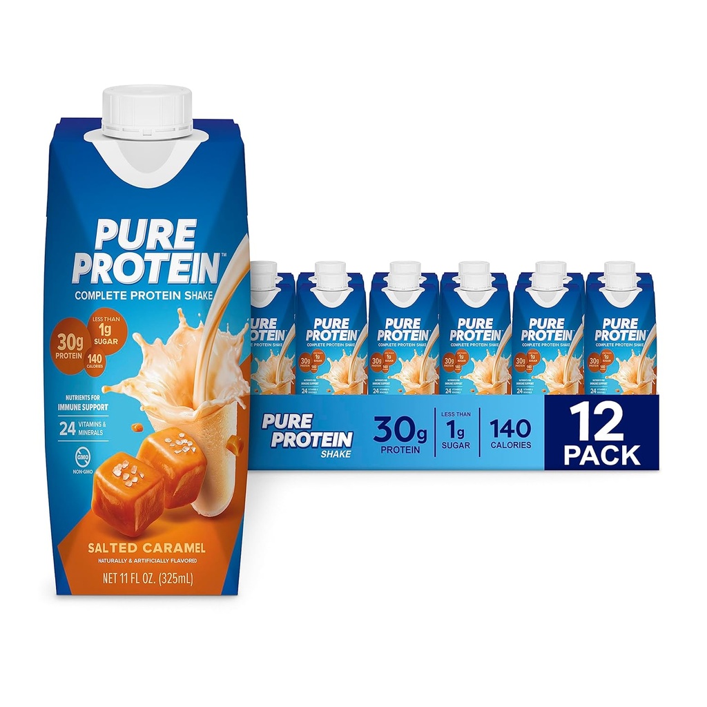 Αμιγής πρωτεΐνη αλάτι Caramel Shake, Έτοιμος για ποτό και Keto-Φιλικά, Βιταμίνες Α, C, D, και E Plus ψευδάργυρος για την υποστήριξη της ανοσοποιητικής υγείας, 11 Oz, 12 Count