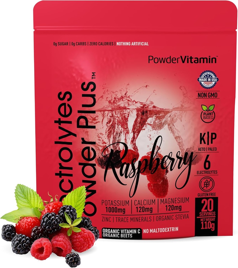 TozVitamin Electrolytes Toz Plus (20 Servisler) Raspberry Electrolyte Toz Zero Calorie Keto,0 Şeker, No Maltodextrin,1000 mg Pyum,120 mg Kalsiyum,120 mg Magnezyum, Pink Himalaya Salt