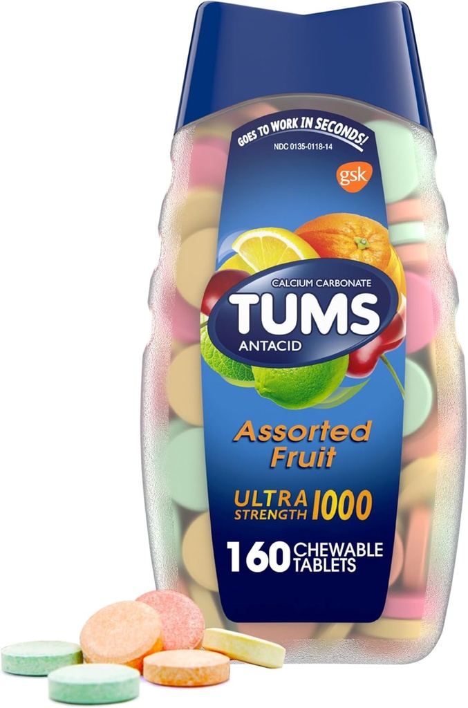 TUMS Ultra Strength Antacid Tabletleri Chewable Heartburn Relief ve Acid Indigestion Relief, Assorted Fruit - 160 Count Count