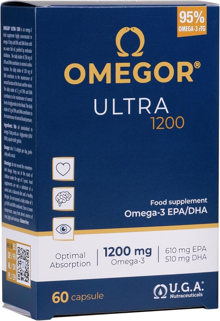 OMEGOR Omega 3 Fish Oil 1200 mg Ultra - 610 mg EPA ve 510 DHA Omega Omega3 IFOS sertifikalı - Yüksek Biyoavailability ve No Aftertaste (60 Caps)