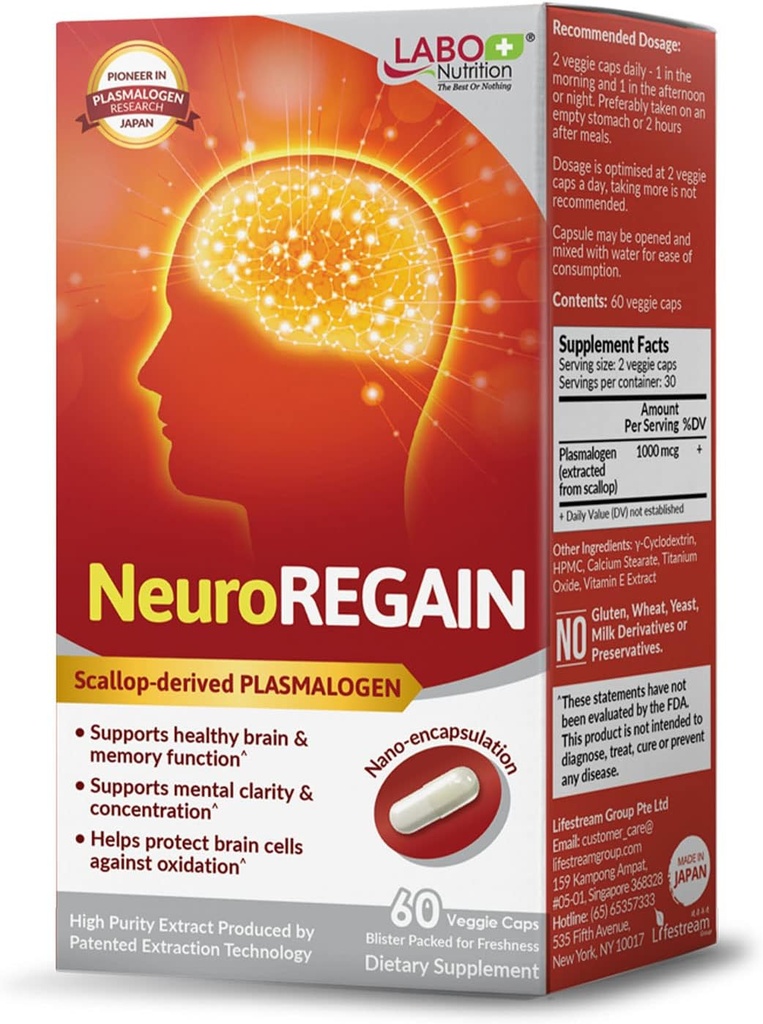 LABO Nutrition NeuroREGAIN - Scallop-που προέρχεται από PLASMALOGEN για εγκεφαλική φθορά, μνήμη, εγρήγορση, μάθηση, συγκέντρωση και άλλες γνωστικές λειτουργίες – Κατάλληλο για ηλικιωμένους, ενήλικες άνδρες και γυναίκες