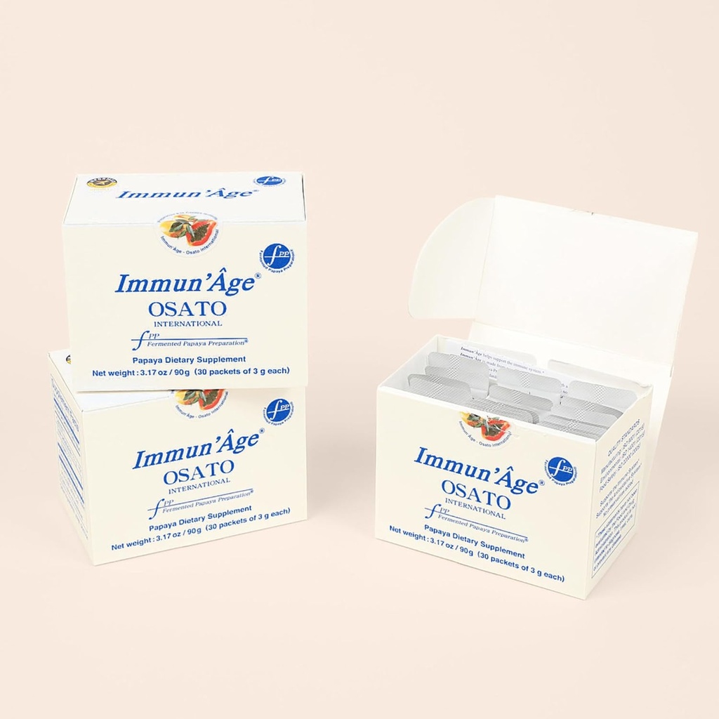 IMMUN'ÂGE 3-Month Supply - Anti-Aging, NRF2 activator, Immune Support & Antioxidant, Cellular Energy Production Supplement - 100% Japanese Fermented Papaya Powder - 3 Boxes (30 Packets x 3g per Box)
