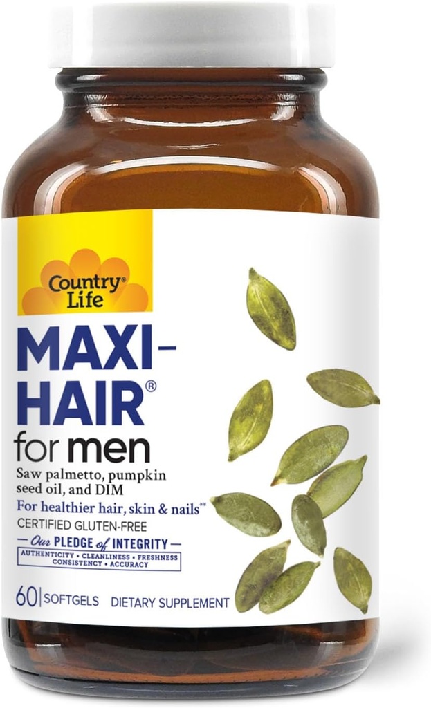 Country Life Maxi-Hair για τους άνδρες - 2000mcg Biotin, Saw Palmetto, Pumpkin Seed Oil, DIM, Κάλιο, Μαγνήσιο, Ασβέστιο & ψευδάργυρος Blend - Υποστηρίζει υγιή μαλλιά, Scarp, δέρμα & νύχια, 60 κάψουλες Vegan