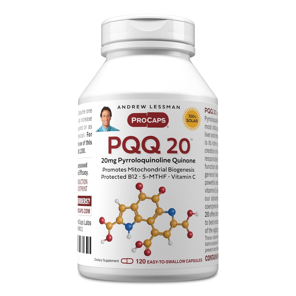 ANDREW LESSMAN PQQ 20mg - 120 Capsules - 20mg Pyrroloquinoline Quinone, Natural Protective Compound Supports Vital Organs, Heart, Brain, Liver, Immune System. Mitochondrial Biogenesis, No Additives