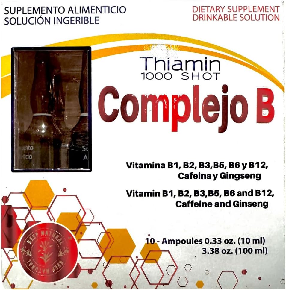 B Kompleksi, Complejo B 1000 Shot | Multi-Vitamins, Caffeine, ve Ginseng | 10 ml Ampoules ile Kutu | Enerji, Bilişsel Fonksiyonl ve Metabolic Health Boost.