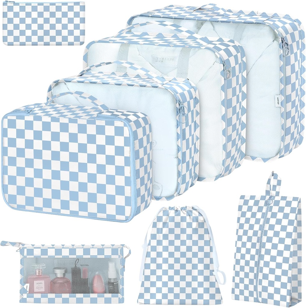 8 Set Auto Cubes for Suitcases,Packing Cubes with Shoes Bag, Cosmetics Bag, Giyim Bag, Aksesuarları Kalemleri Travel Bagaj Organize Kadın Erkekler (Mavi Checkered)