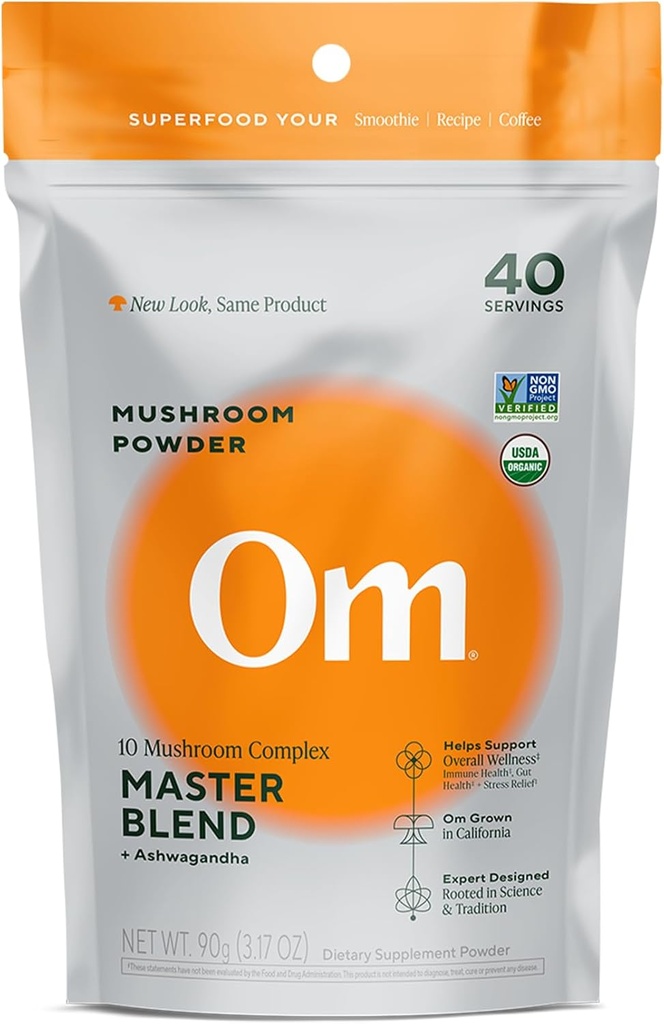 OM Master Mix Mushroom Toz – Organik Mushroom Supplement with 10 Mushrooms and Ashwagandha - Destek Immunity, Gut Health & Stress Relief, 3.17 oz (40 Hizmet)